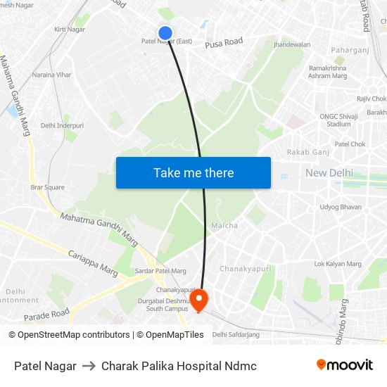 Patel Nagar to Charak Palika Hospital Ndmc map