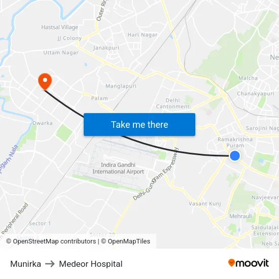 Munirka to Medeor Hospital map
