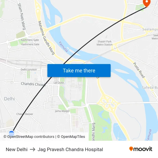 New Delhi to Jag Pravesh Chandra Hospital map