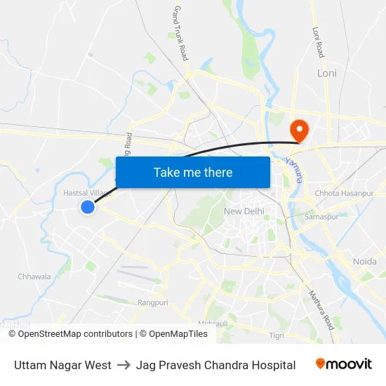 Uttam Nagar West to Jag Pravesh Chandra Hospital map