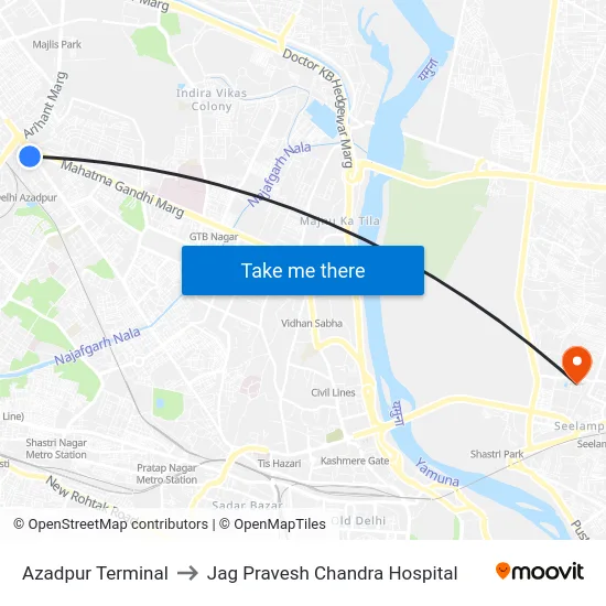 Azadpur Terminal to Jag Pravesh Chandra Hospital map