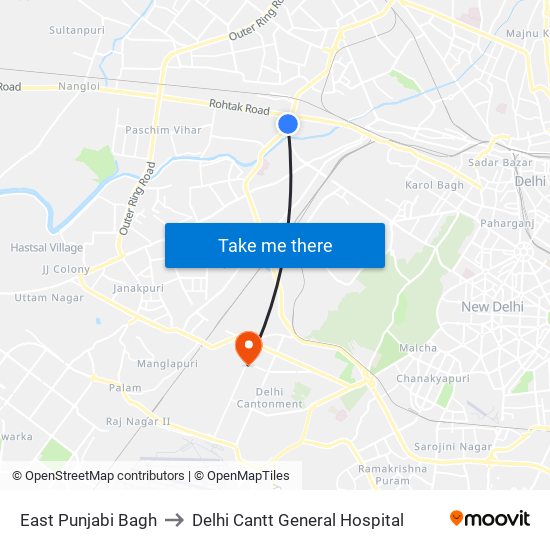 East Punjabi Bagh to Delhi Cantt General Hospital map