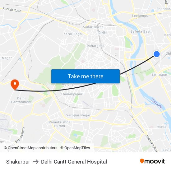 Shakarpur to Delhi Cantt General Hospital map