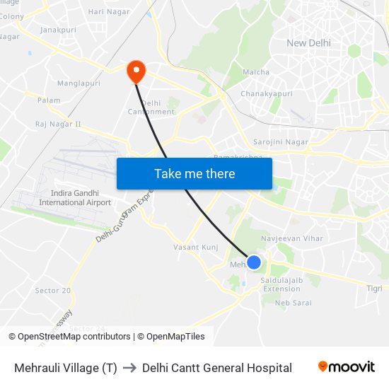 Mehrauli Village (T) to Delhi Cantt General Hospital map