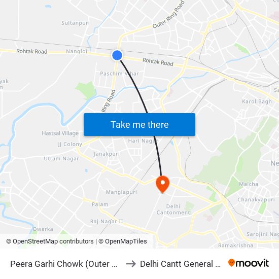 Peera Garhi Chowk (Outer Ring Road) to Delhi Cantt General Hospital map