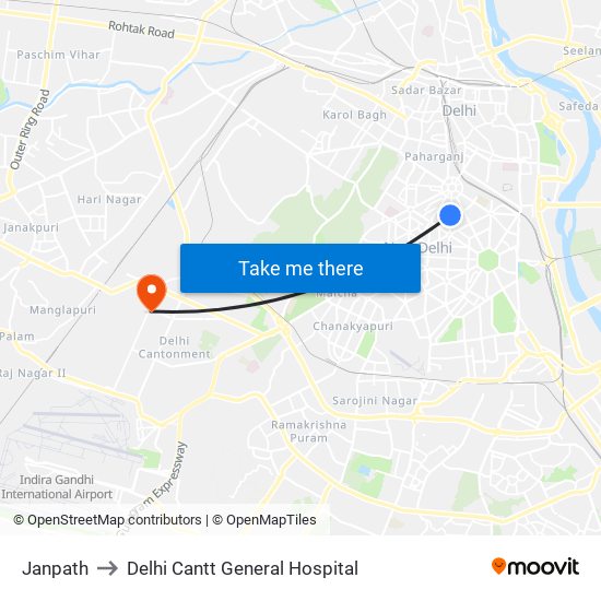 Janpath to Delhi Cantt General Hospital map