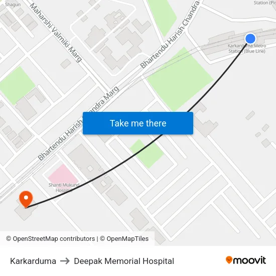 Karkarduma to Deepak Memorial Hospital map