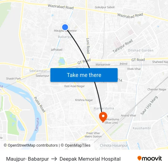 Maujpur- Babarpur to Deepak Memorial Hospital map