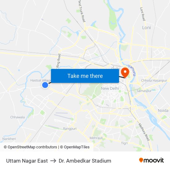 Uttam Nagar East to Dr. Ambedkar Stadium map