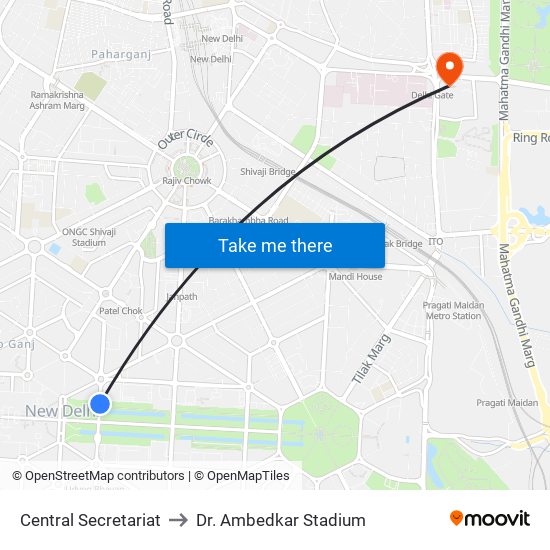Central Secretariat to Dr. Ambedkar Stadium map