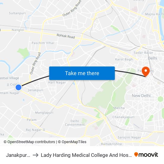 Janakpuri A 1 to Lady Harding Medical College And Hospital (Lhmc) map