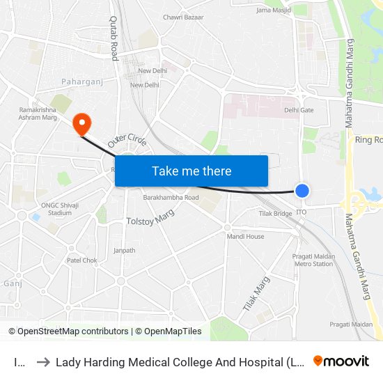 ITO to Lady Harding Medical College And Hospital (Lhmc) map
