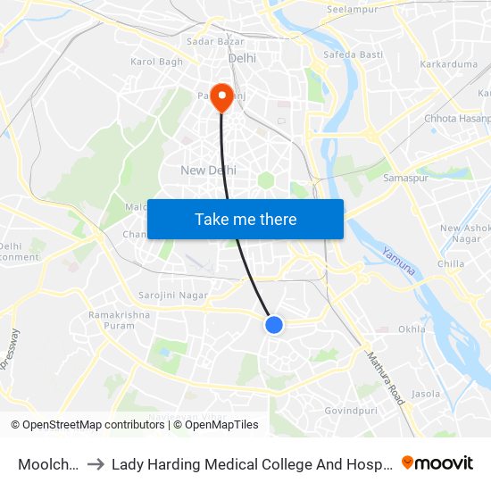 Moolchand to Lady Harding Medical College And Hospital (Lhmc) map
