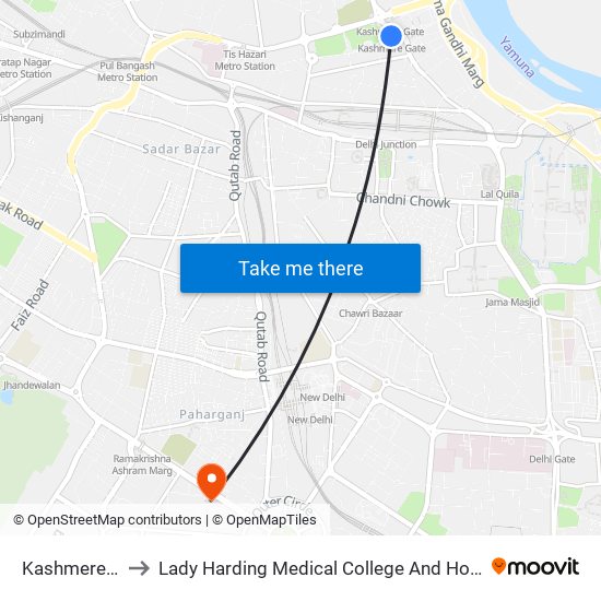 Kashmere Gate to Lady Harding Medical College And Hospital (Lhmc) map
