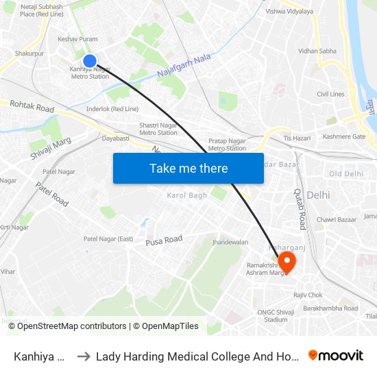 Kanhiya Nagar to Lady Harding Medical College And Hospital (Lhmc) map