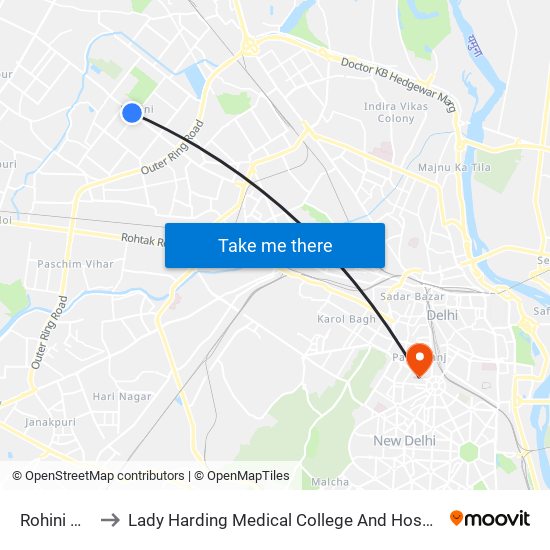 Rohini West to Lady Harding Medical College And Hospital (Lhmc) map