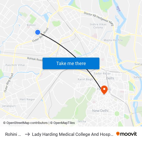 Rohini East to Lady Harding Medical College And Hospital (Lhmc) map