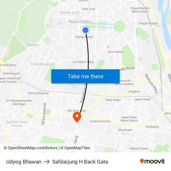 Udyog Bhawan to Safdarjung H Back Gate map