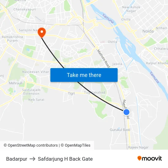 Badarpur to Safdarjung H Back Gate map