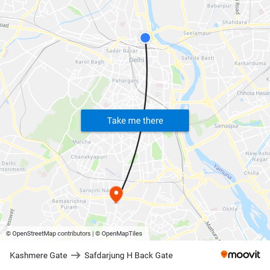 Kashmere Gate to Safdarjung H Back Gate map