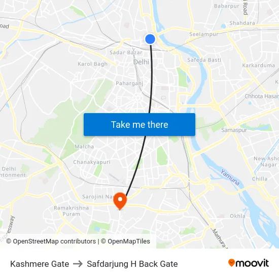 Kashmere Gate to Safdarjung H Back Gate map