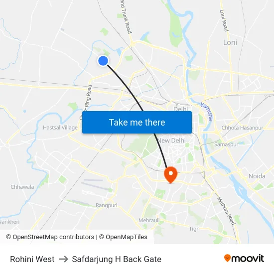Rohini West to Safdarjung H Back Gate map