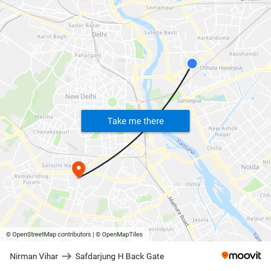 Nirman Vihar to Safdarjung H Back Gate map