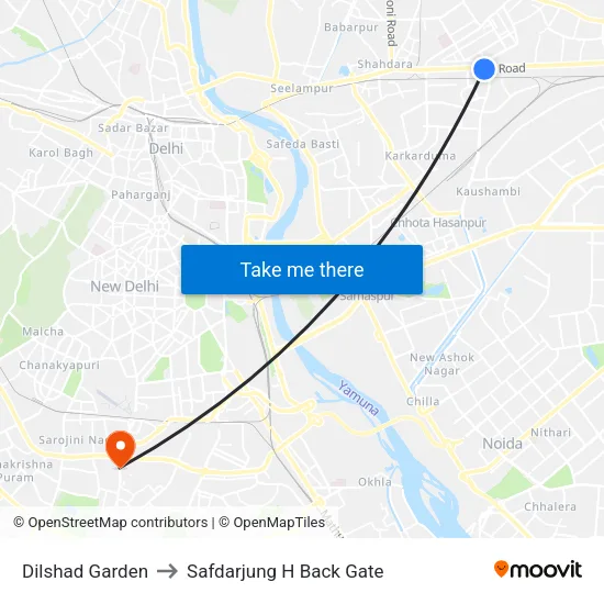 Dilshad Garden to Safdarjung H Back Gate map