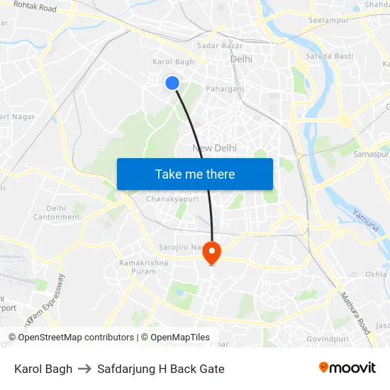 Karol Bagh to Safdarjung H Back Gate map