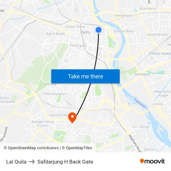 Lal Quila to Safdarjung H Back Gate map