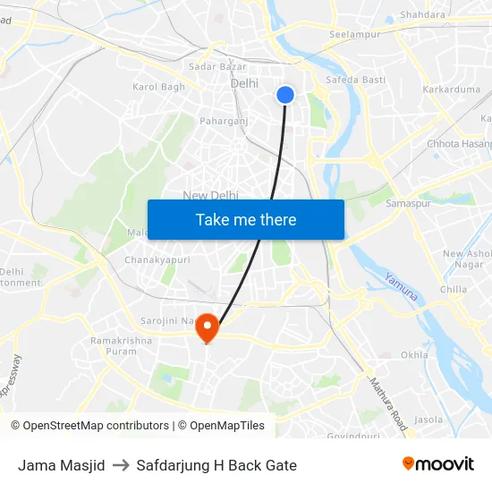 Jama Masjid to Safdarjung H Back Gate map
