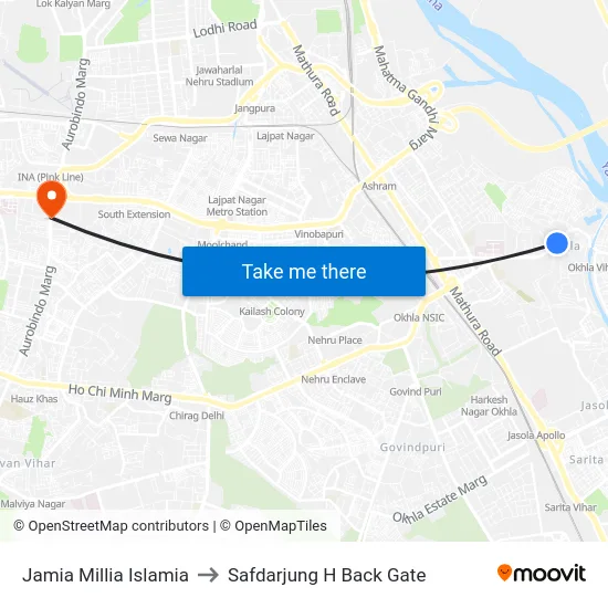 Jamia Millia Islamia to Safdarjung H Back Gate map