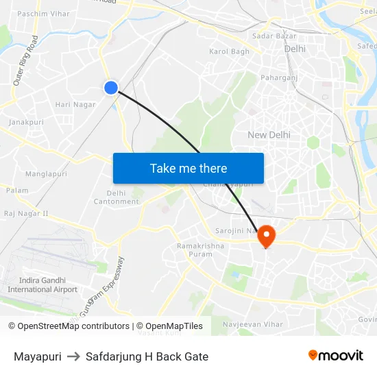 Mayapuri to Safdarjung H Back Gate map