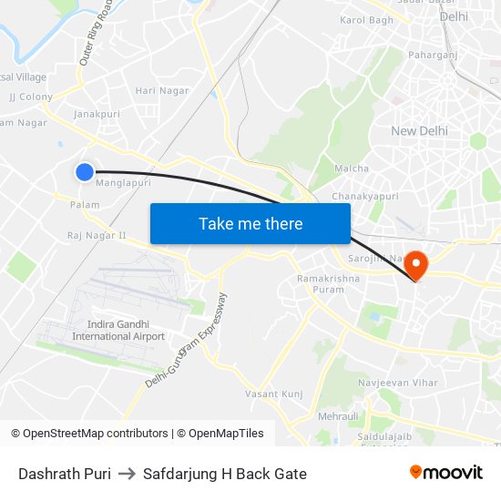 Dashrath Puri to Safdarjung H Back Gate map