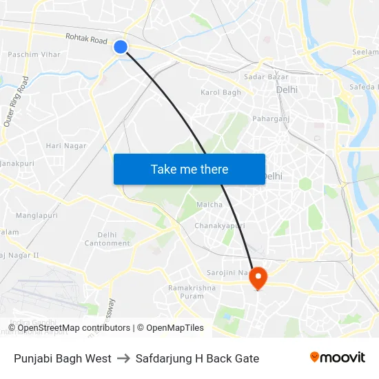 Punjabi Bagh West to Safdarjung H Back Gate map