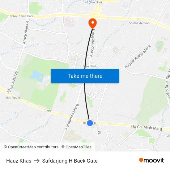 Hauz Khas to Safdarjung H Back Gate map