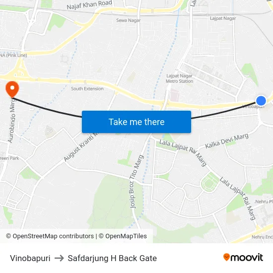 Vinobapuri to Safdarjung H Back Gate map
