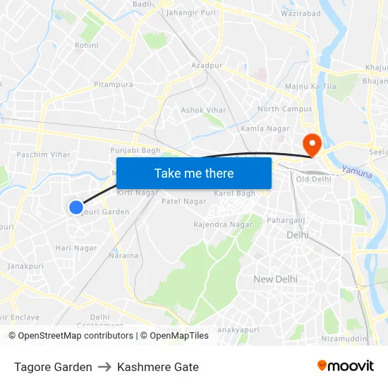 Tagore Garden to Kashmere Gate map