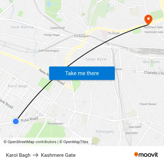 Karol Bagh to Kashmere Gate map