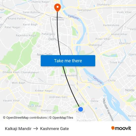 Kalkaji Mandir to Kashmere Gate map