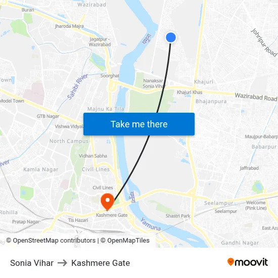 Sonia Vihar to Kashmere Gate map