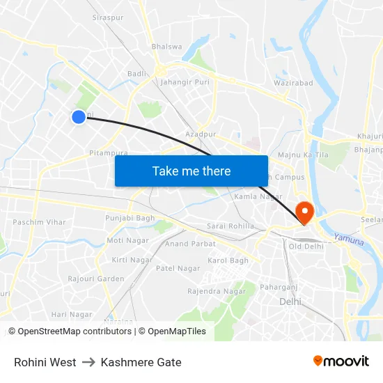 Rohini West to Kashmere Gate map