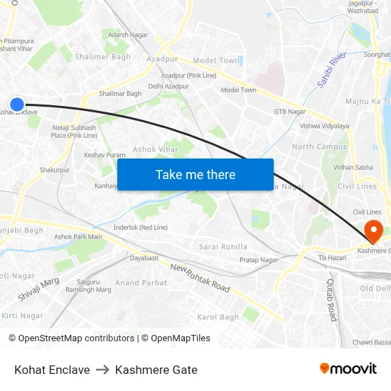 Kohat Enclave to Kashmere Gate map