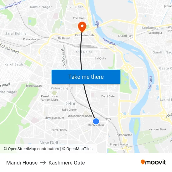 Mandi House to Kashmere Gate map
