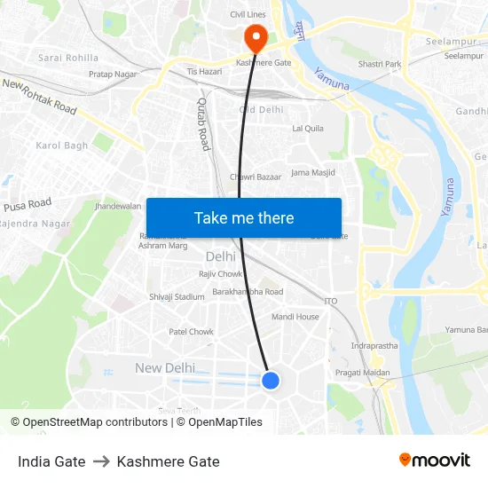 India Gate to Kashmere Gate map
