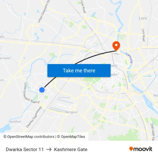Dwarka Sector 11 to Kashmere Gate map
