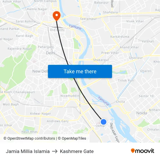 Jamia Millia Islamia to Kashmere Gate map