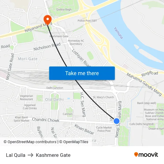 Lal Quila to Kashmere Gate map