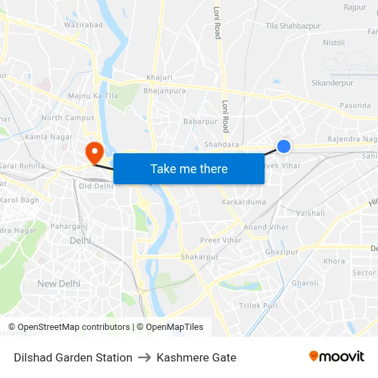 Dilshad Garden Station to Kashmere Gate map