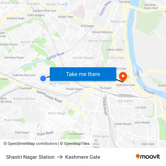 Shastri Nagar Station to Kashmere Gate map